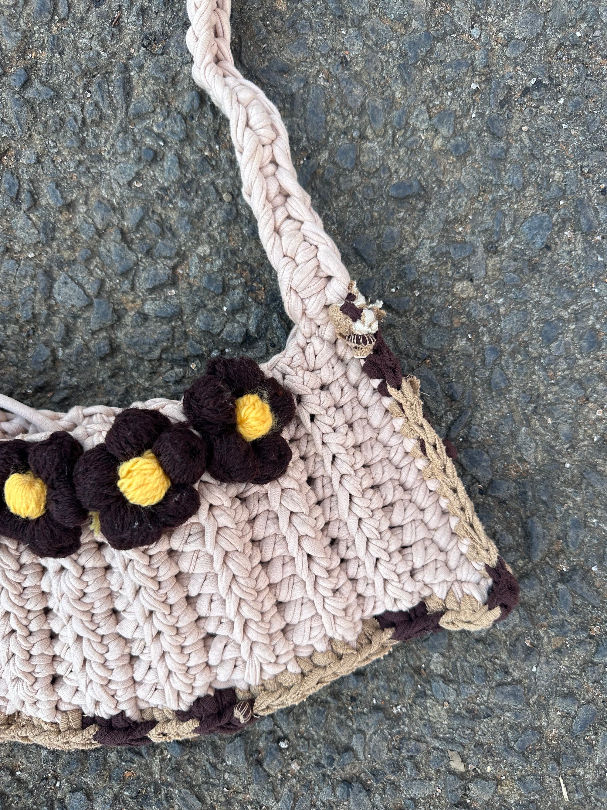 Hand Knitted T-shirt yarn bag
