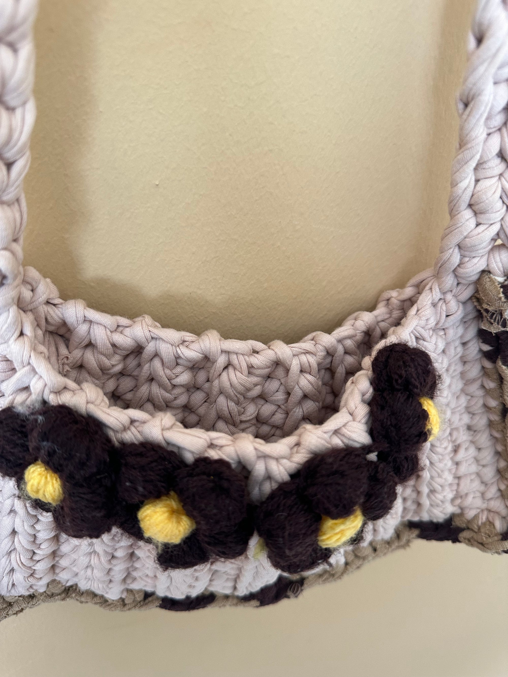 Hand Knitted T-shirt yarn bag