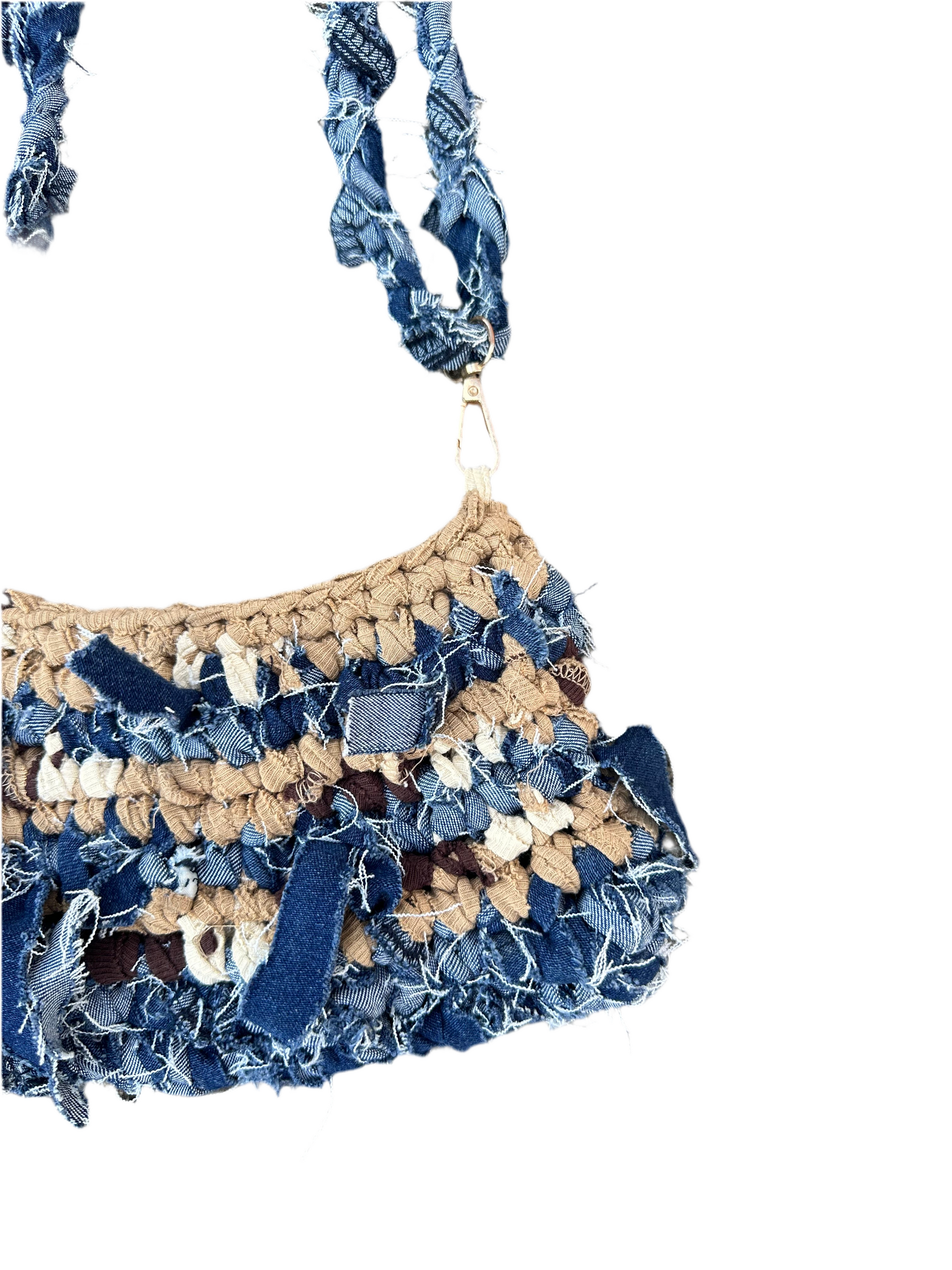 Hand Knitted Denim and T-shirt yarn bag