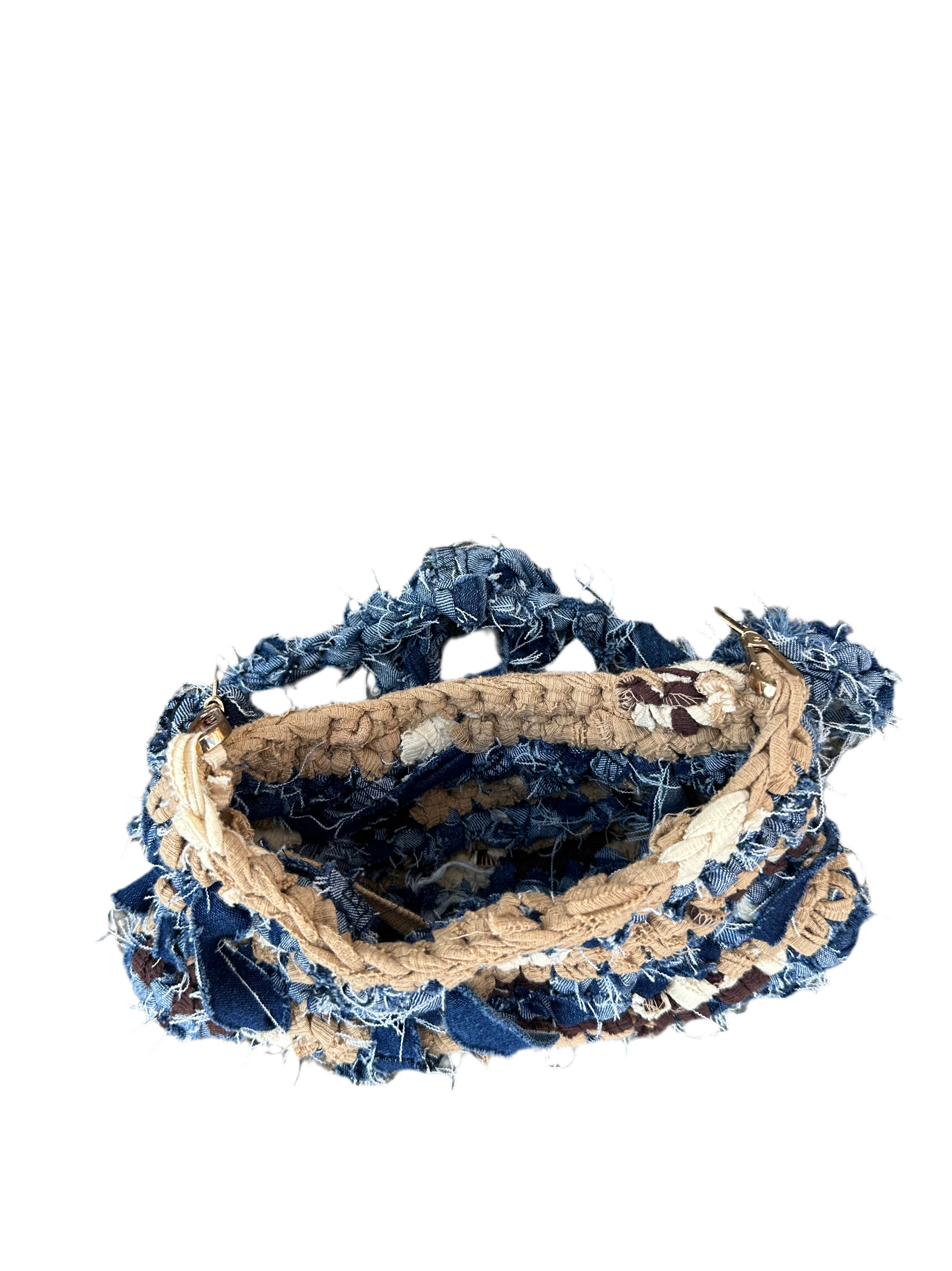 Hand Knitted Denim and T-shirt yarn bag