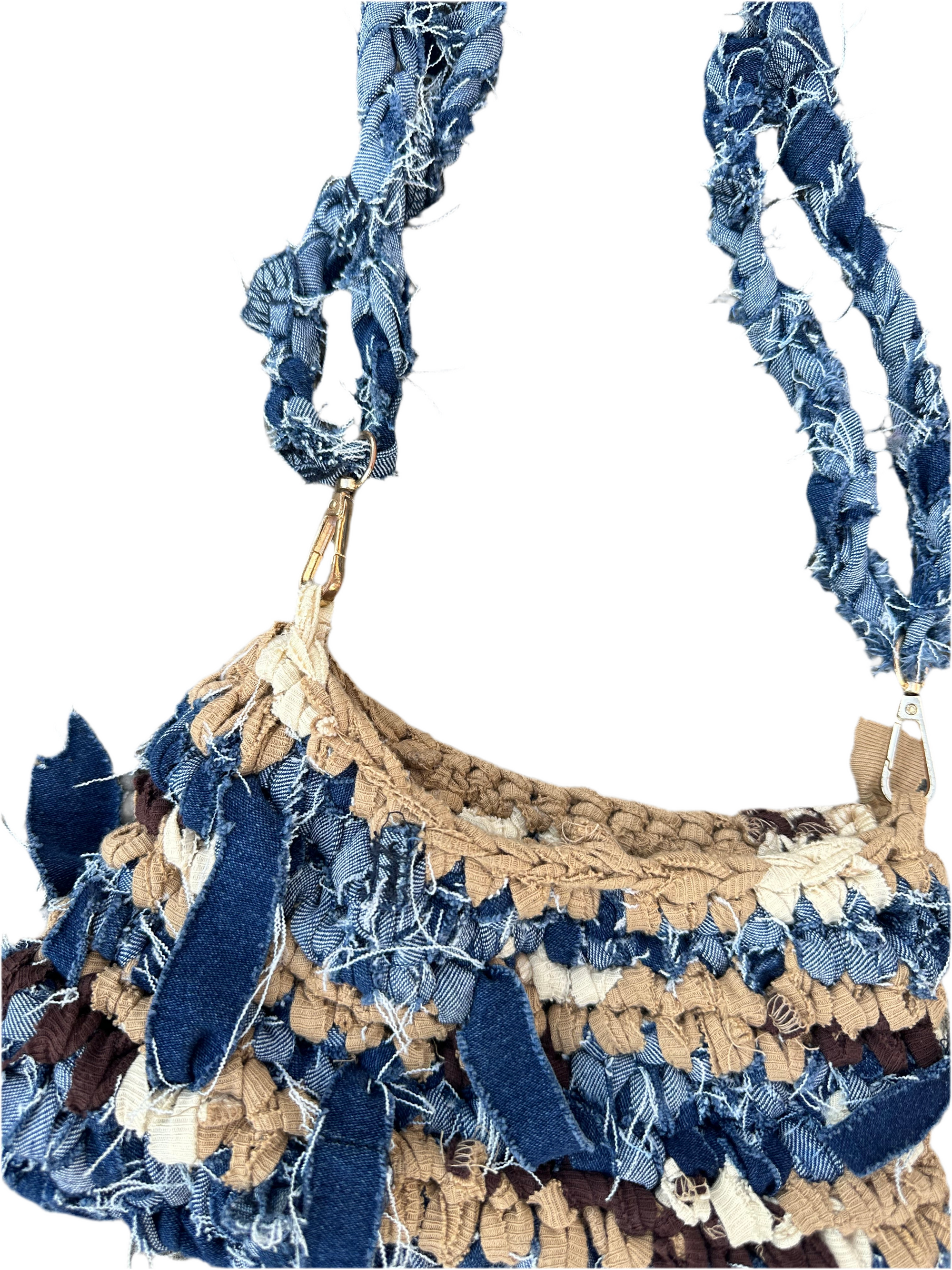 Hand Knitted Denim and T-shirt yarn bag