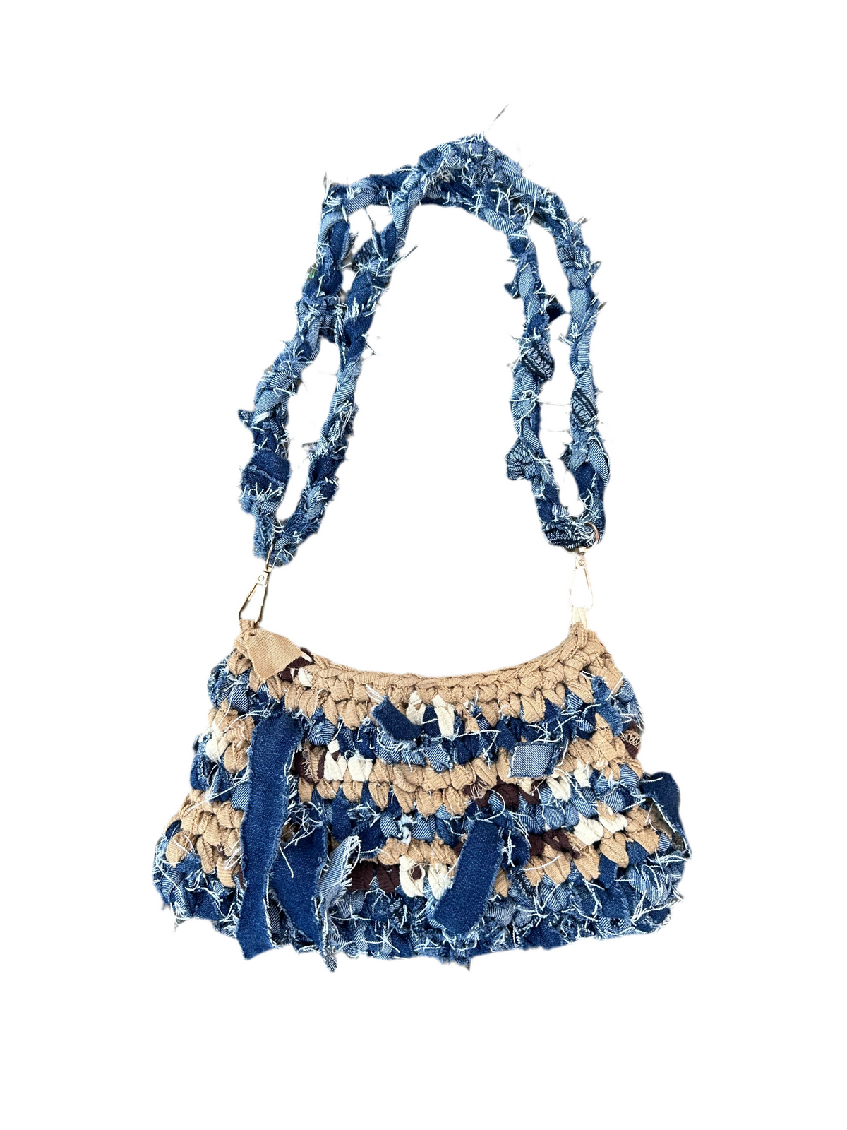 Hand Knitted Denim and T-shirt yarn bag
